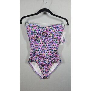 Anne Cole Swimsuit Womens 8 Bandeau One Piece Strapless Retro Print Bathing Suit